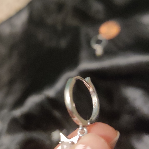 White Rhodium Plated Sterling Silver Moonstone Star Drop Huggie Hoop Earrings - Picture 5 of 5